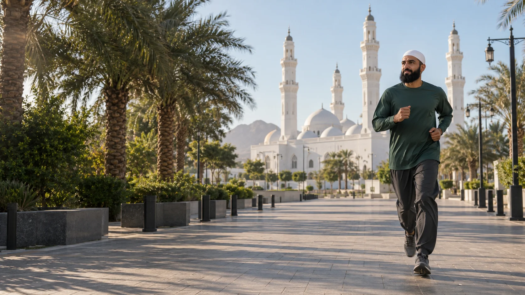 Illustration IA : un coureur en tenue pudique sur une allée de la mosquée de Quba, à Médine